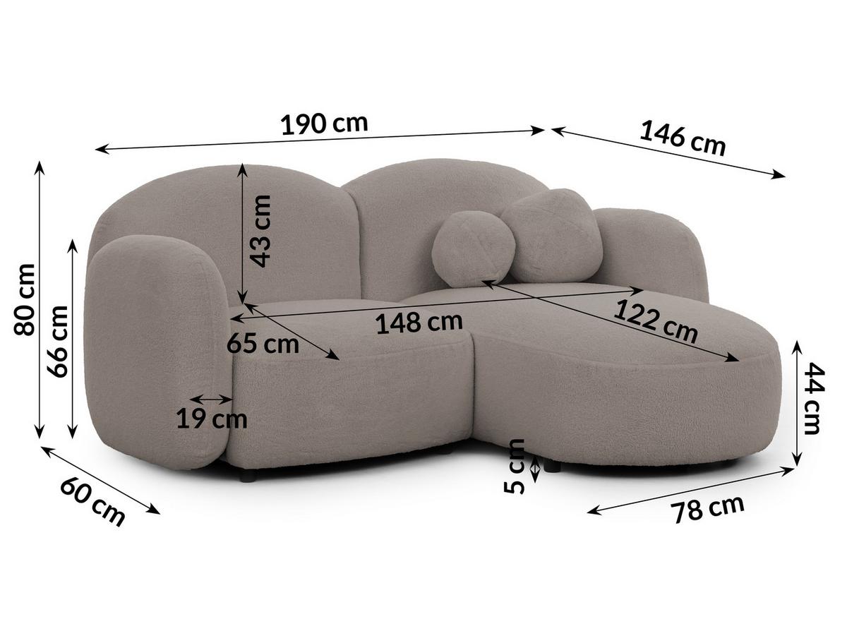 ECKSOFA Nuvola mit abgerundetem Design Hellgrau Bouclé-Stoff - Ottomane Rechts - Hellgrau/Schwarz, Holz/Kunststoff (190/146cm) - S-Style