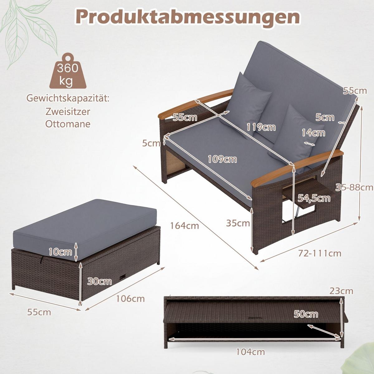 SONNENLIEGE geflochtene Doppel liege grau - Grau, Metall (164/88/72cm) - COSTWAY