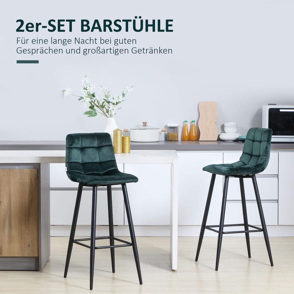 2ER-SET Barhocker, Bistrohocker mit Fußstütze, Barstuhl, Samt-Bezug, Küchenstuhl - Grün, Textil (55/103/42cm) - HOMCOM