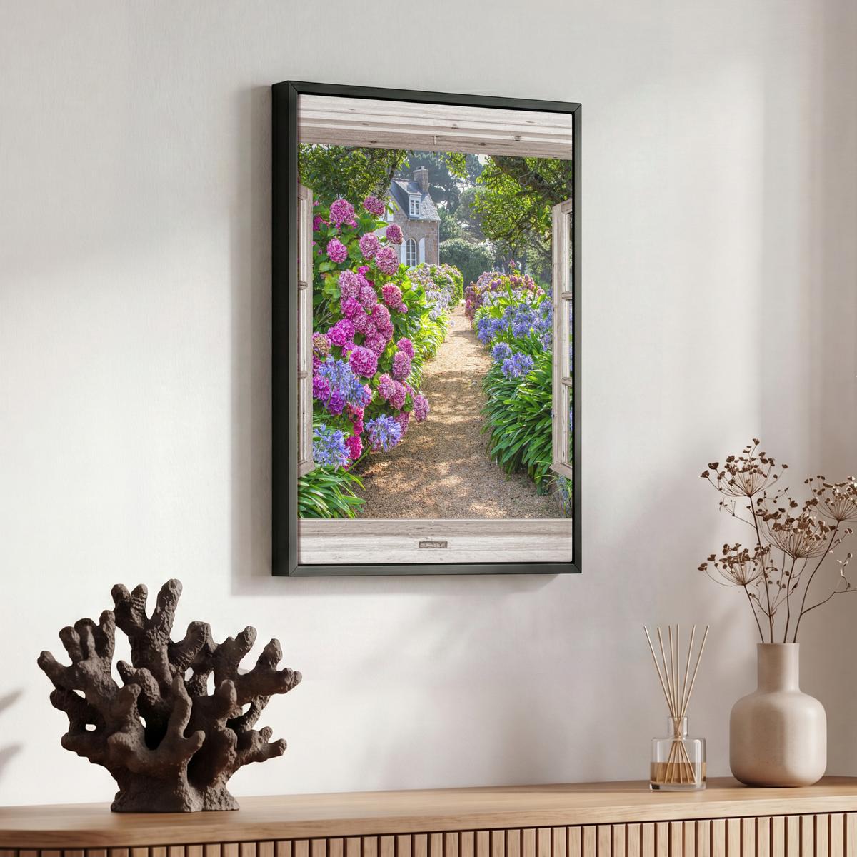 LEINWAND Bilder mit Rahmen - Hortensie - Durchsichtig - Blumen - Sommer - Lila - Weg - 30x40 - Lila, Textil (30/40cm) - MuchoWow
