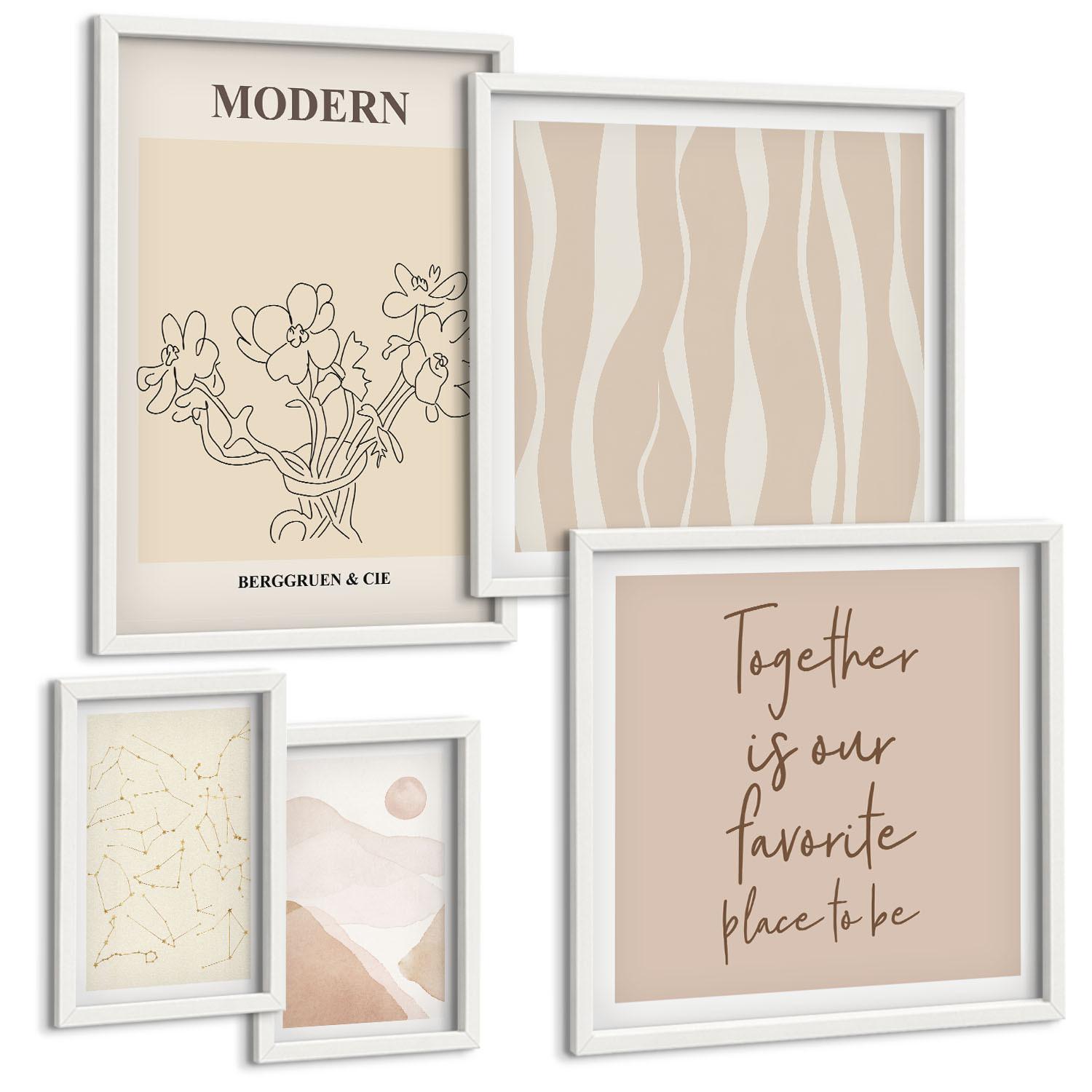 BILDER SET 5er Set - 50x50 cm & 20x30 cm & 40x60 cm Weißer Rahmen - Abstrakte Formen und Farben - Weiß, Kunststoff (40/60cm) - TULUP