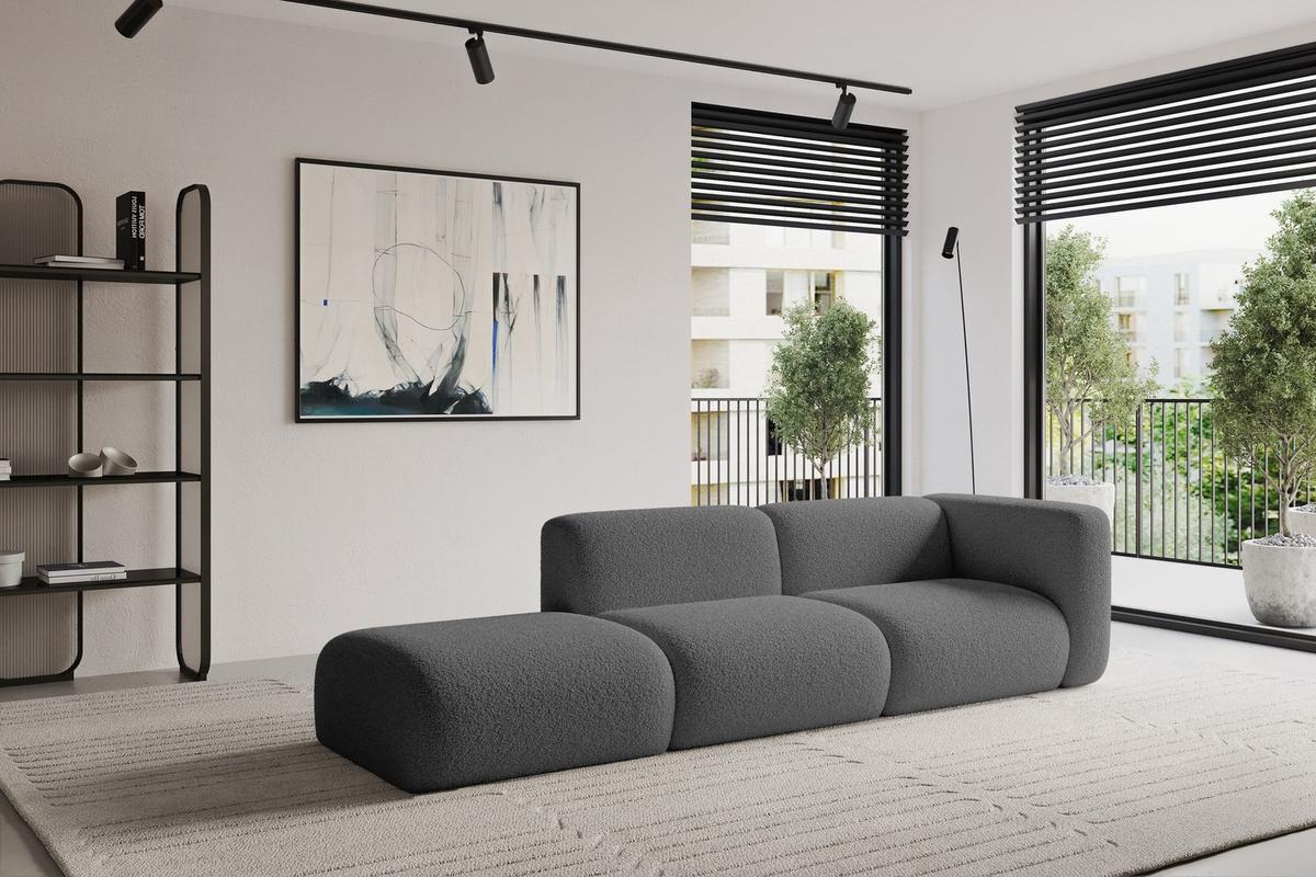 SOFA Ottomane Rechts MIRA-S3 296x89x70 Grau Bouclé - Platinfarben/Schwarz, Holzwerkstoff/Kunststoff (296/70/89cm) - ALTDECOR