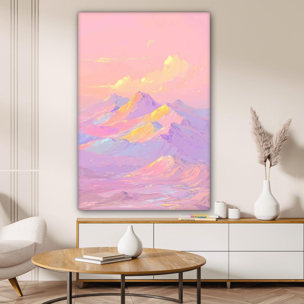 LEINWANDBILD Berggipfel - Wolken - Verträumt Deko XXL 80x120 cm - Hellrosa, Textil (80/120cm) - MuchoWow