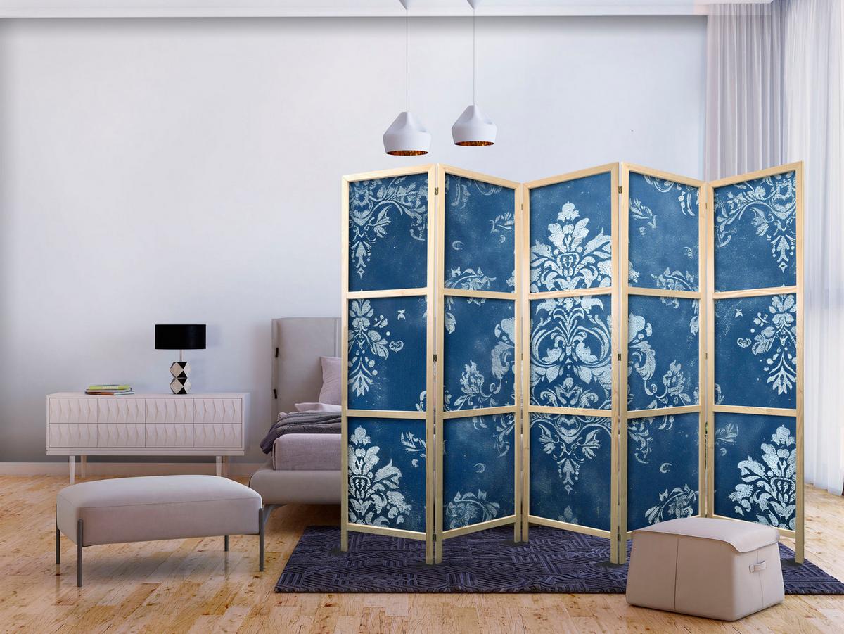 PARAVENT Japanischer 5-tlg 225x172 cm Vintage Ornamente - Blau, Holz/Textil (225/172/3cm) - Muralo
