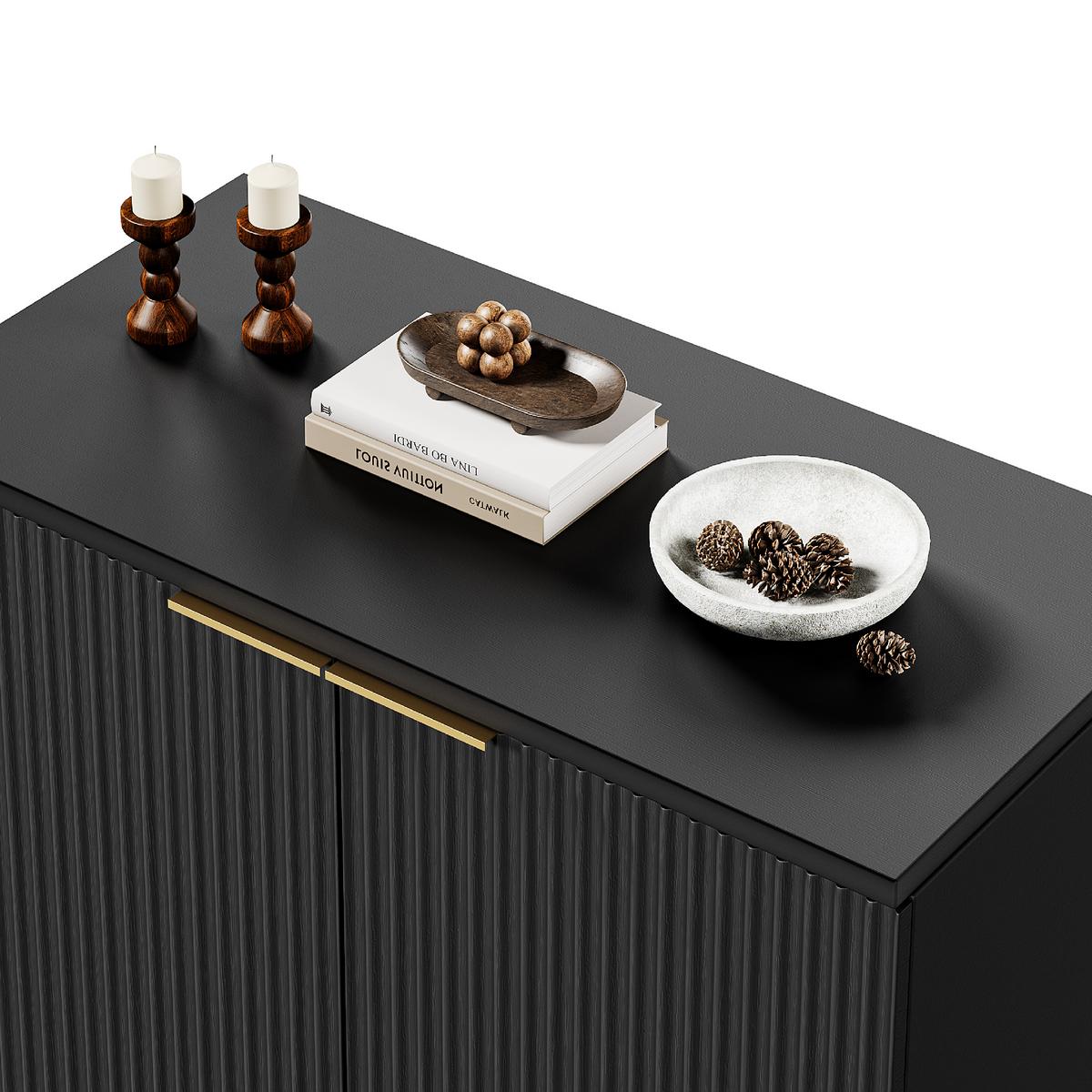 SIDEBOARD Schwarz 80 cm mit Riffeloptik & Gold-Griffen - Schwarz, Holzwerkstoff (80/80/40cm) - Urban Meuble