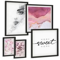 BILDER SET 5er Set - 50x50 cm & 20x30 cm & 40x60 cm Schwarzer Rahmen - Zarte Boho-Blätterschrift - Schwarz, Kunststoff (40/60cm) - TULUP