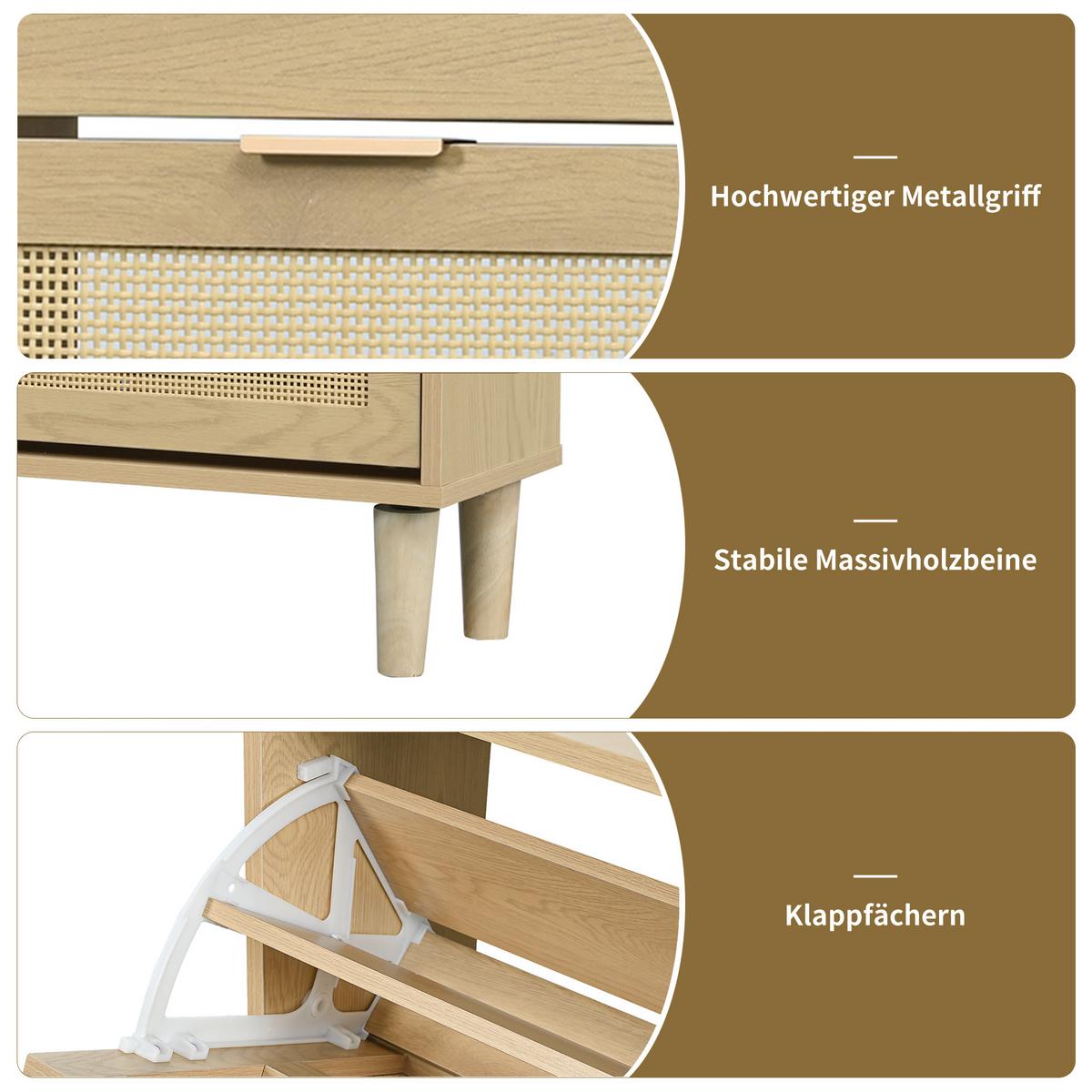 SCHUHSCHRANK mit Rattan-Front & 4 Klappen in Eiche-Optik - Sonoma Eiche, Holzwerkstoff (100/90/25cm) - Urban Meuble