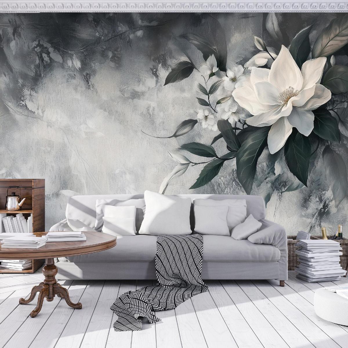 FOTOTAPETE Blätter Blumen Vlies Tapete Wohnzimmer Schlafzimmer 200x140 - Grau, Papier (200/140cm) - Wallarena