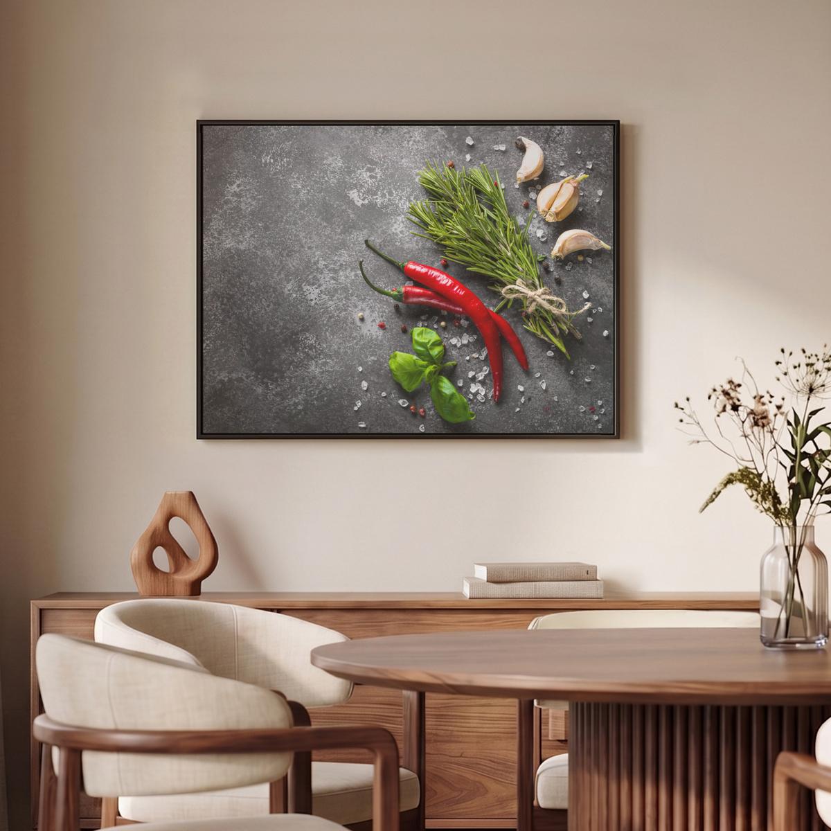 LEINWAND Bilder mit Rahmen - Pfeffer - Kräuter - Gewürze - Beton - 70x50 - Dunkelgrau, Textil (70/50cm) - MuchoWow