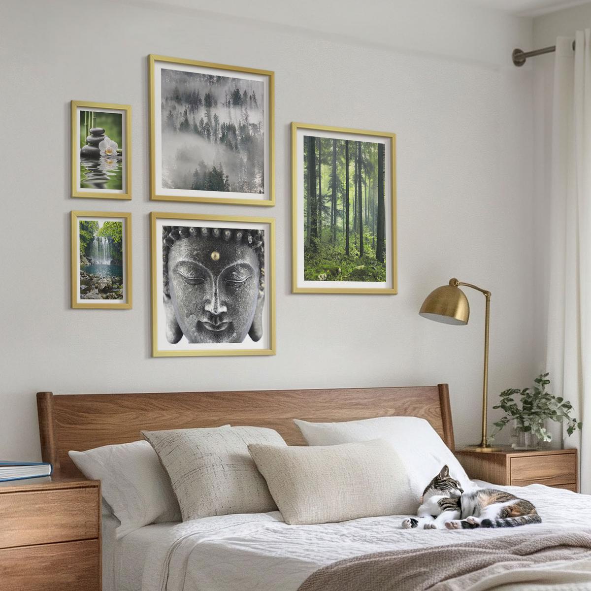 BILDER SET 5er Set - 50x50 cm & 20x30 cm & 40x60 cm Goldrahmen - Harmonie der Natur, Steine, Wasser, Buddha - Goldfarben, Kunststoff (40/60cm) - TULUP