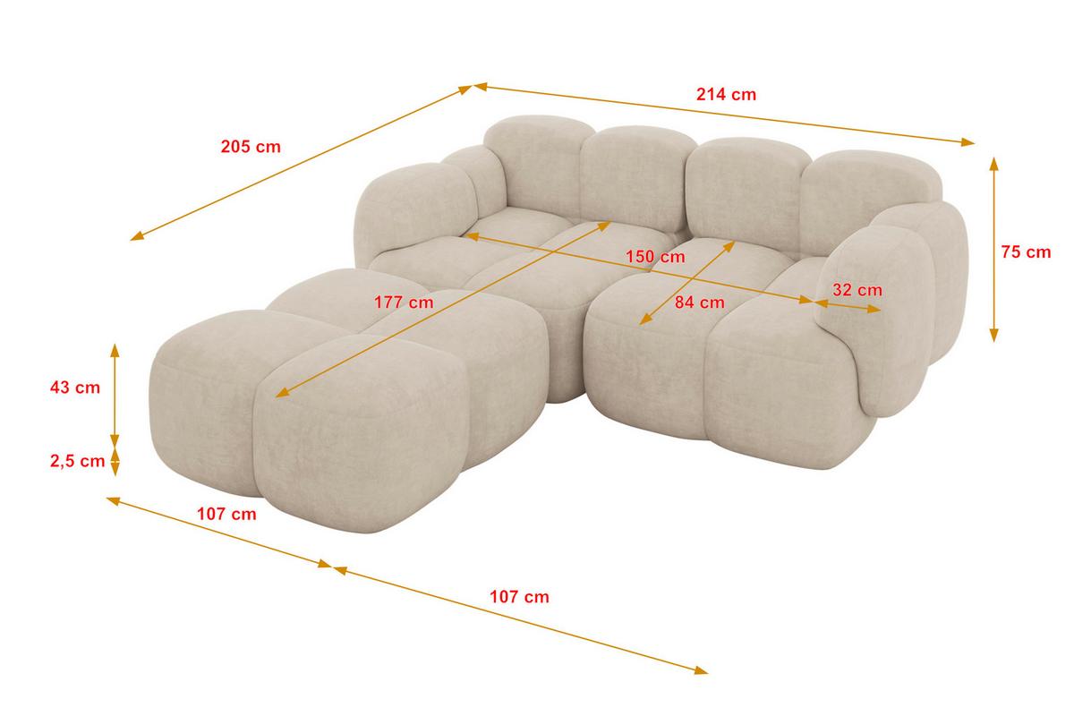 ECKSOFA modulares Sofa Links Miko-L1 214x205x75 Beige Velours - Ecru/Schwarz, Holzwerkstoff/Kunststoff (214/205cm) - ALTDECOR