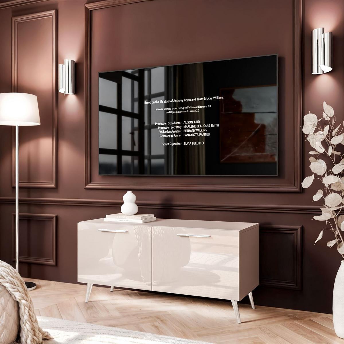 TV-ELEMENT AURA 100 KASCHMIR Hochglanz auf schrägen silbernen Beinen + LED - Kaschmir/Silberfarben, Holzwerkstoff (100/49/40cm) - Lookway