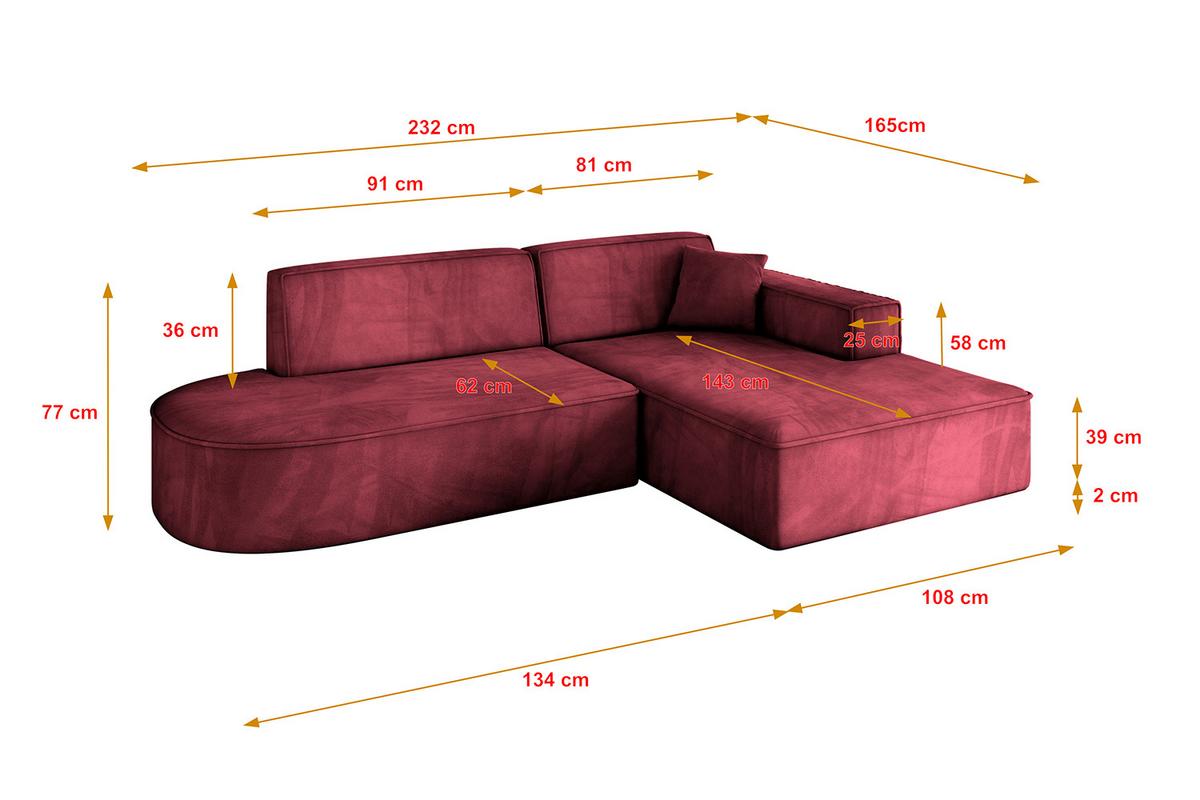 ECKSOFA Ottomane Rechts IREA-L1-v4 - 232x165x77 cm Bordeauxrot - Bordeaux, Holzwerkstoff/Textil (232/165cm) - ALTDECOR