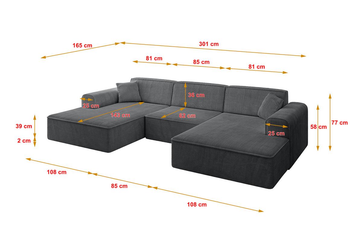 WOHNLANDSCHAFT IREA-U1-v3 - 301x165x77 cm Duneklgrau - Dunkelgrau, Holzwerkstoff/Textil (301/77/165cm) - ALTDECOR