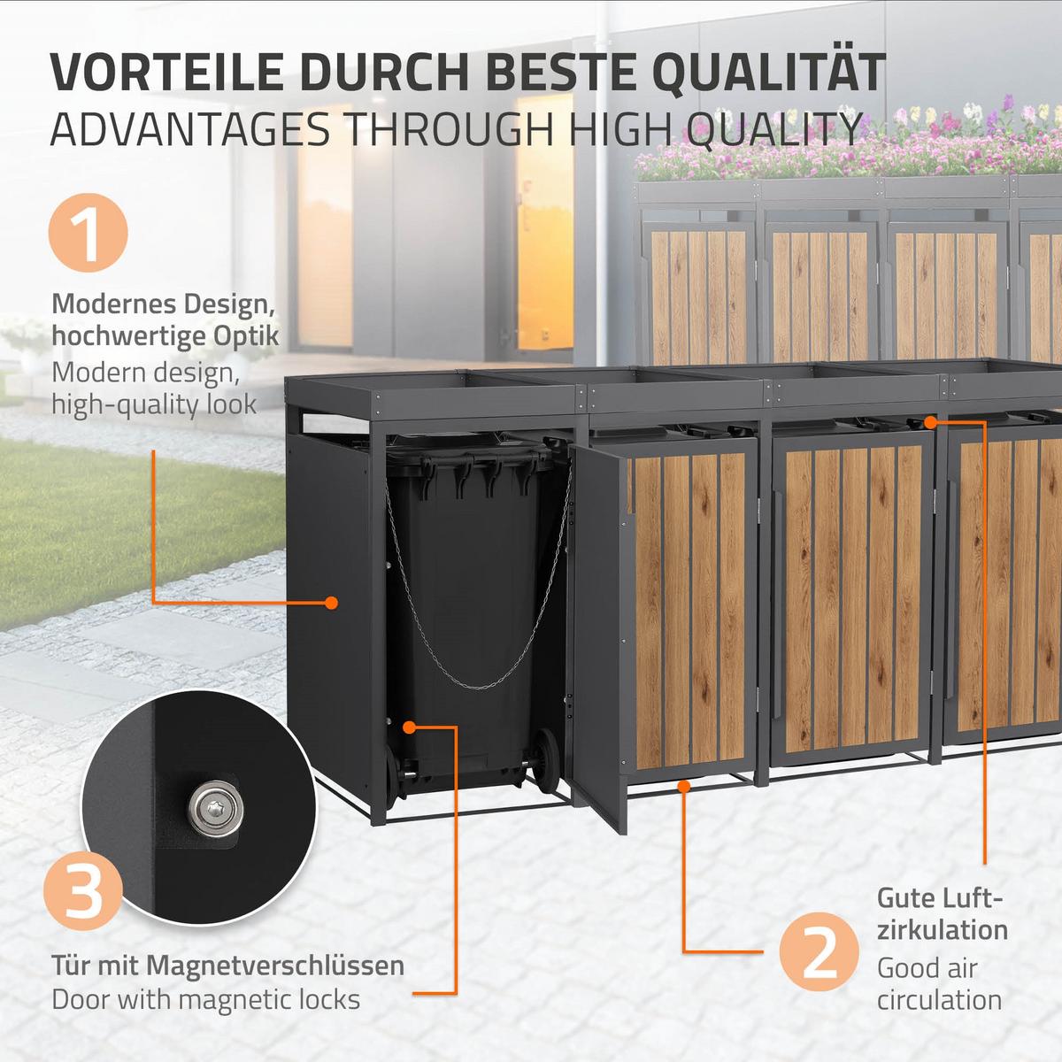 MÜLLTONNENBOX 4er mit Pflanzdach 240L Anthrazit-Holzoptik aus Stahl - Hellbraun, Metall (80/124/260cm) - ML-DESIGN