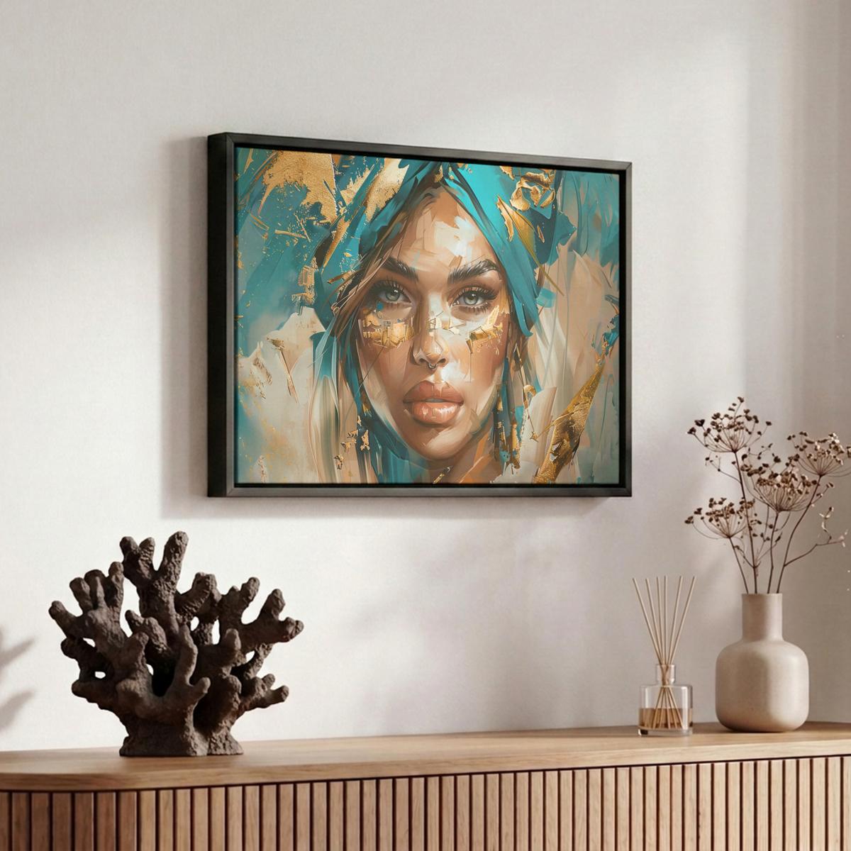 LEINWAND Bilder mit Rahmen - Frau - Porträt - Gold - Luxus - Blau - 30x20 - Türkis, Textil (30/20cm) - MuchoWow