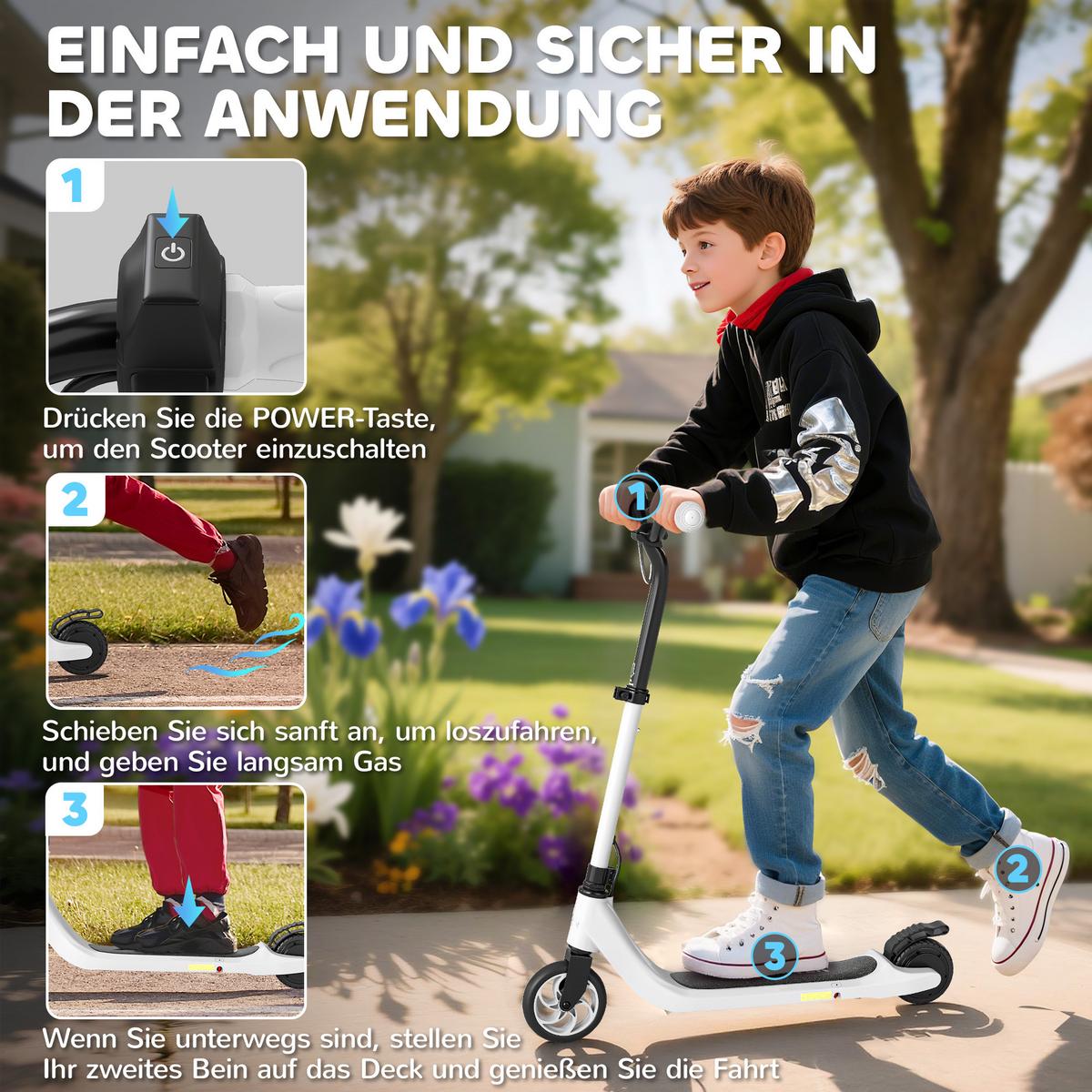E-SCOOTER höhenverstellbarer Elektroroller bis 50kg ab 6 Jahren - Schwarz, Metall (95cm) - HOMCOM