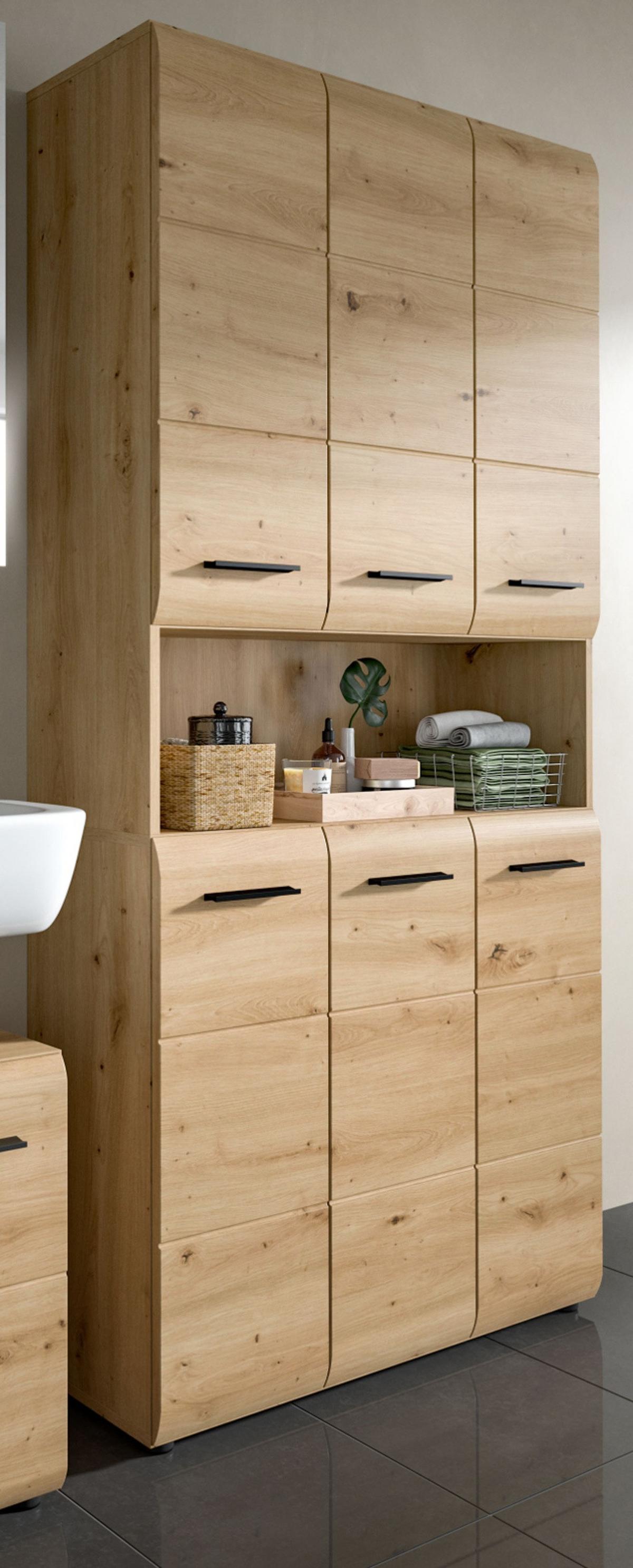 HOCHSCHRANK Eiche Artisan, Badschrank Mehrzweckschrank 6-türig 90 x 185 cm - Schwarz/Eiche Artisan, Holzwerkstoff/Kunststoff (90/185/30cm) - Inn.Furn