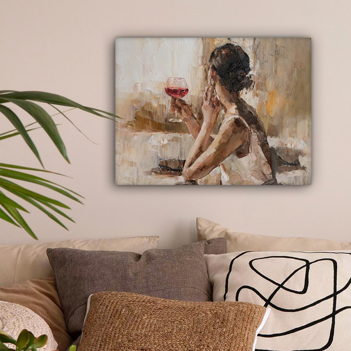 LEINWANDBILD Ölgemälde - Frau - Wein Wandbild 40x30 cm - Hellbraun, Textil (40/30cm) - MuchoWow