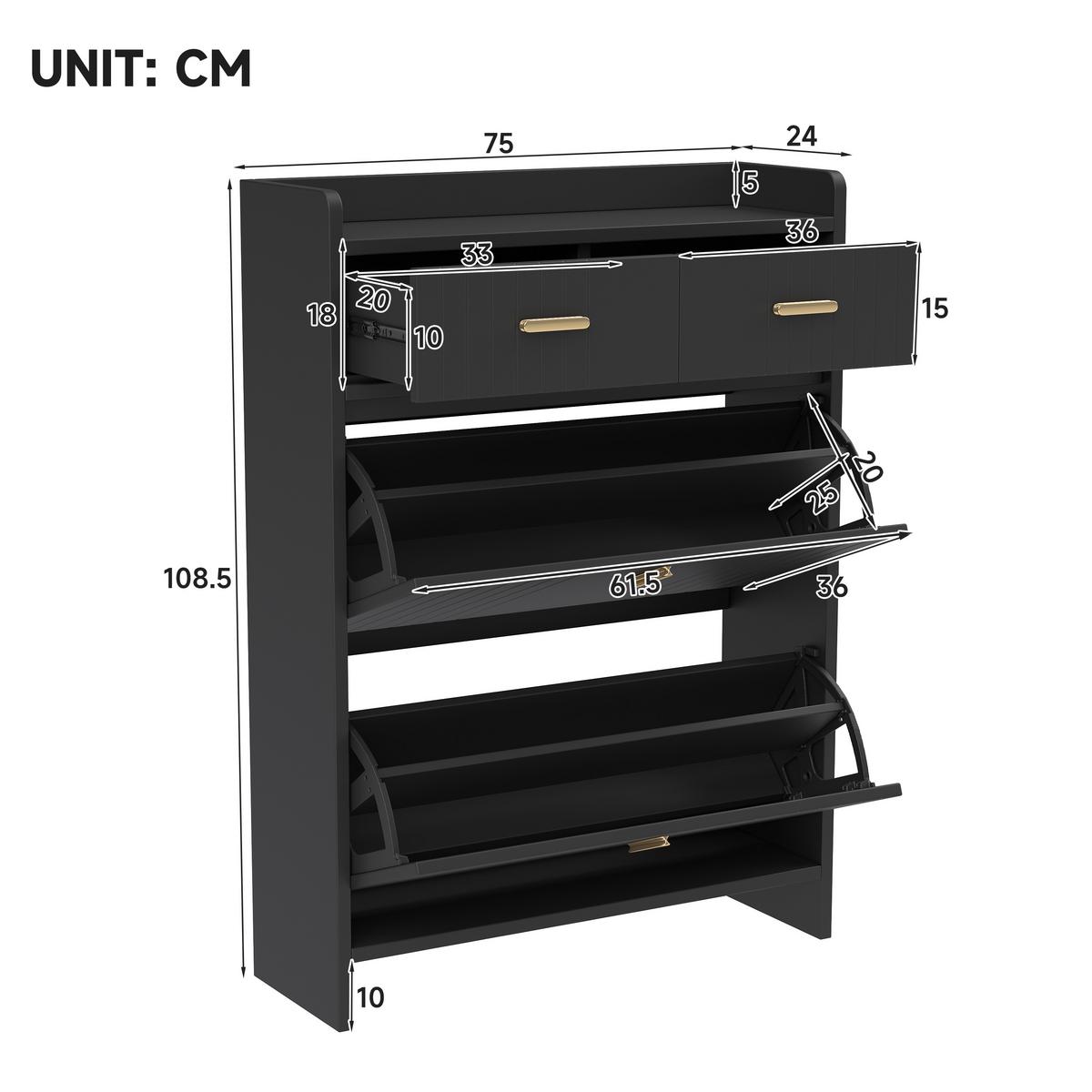 SCHUHSCHRANK Schmal mit 2 Klappfächern & Schubladen Modern - Schwarz, Holzwerkstoff (75/108.5/24cm) - Urban Meuble
