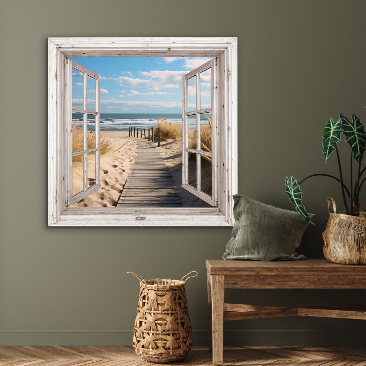 METALLBILD Fenster - Meer - Küste - Natur - Ausblick - Strand - Wattenmeer 90x90 cm - Beige, Metall (90/90cm) - MuchoWow