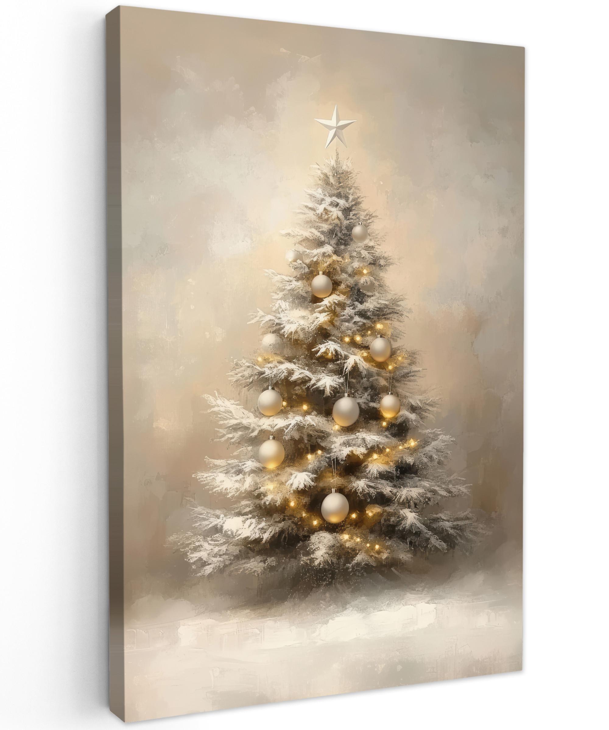 LEINWANDBILD Weihnachten - Weihnachtsbaum - Schnee - Kunst Wanddeko 40x60 cm - Champagner, Textil (40/60cm) - MuchoWow