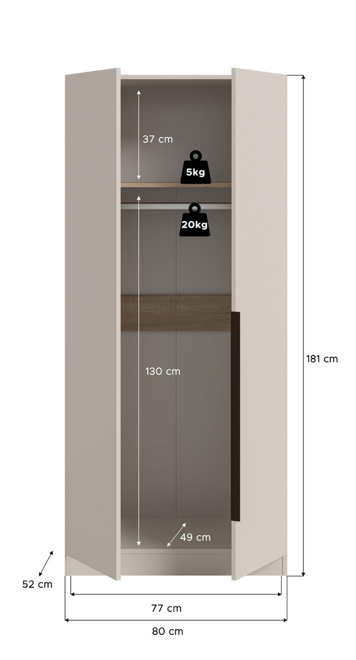 KLEIDERSCHRANK kaschmir 80 x 181 cm, Drehtürenschrank 2-türig mit Einlegeböden - Kaschmir/Schwarz, Holzwerkstoff/Kunststoff (80/181/52cm) - Inn.Furn