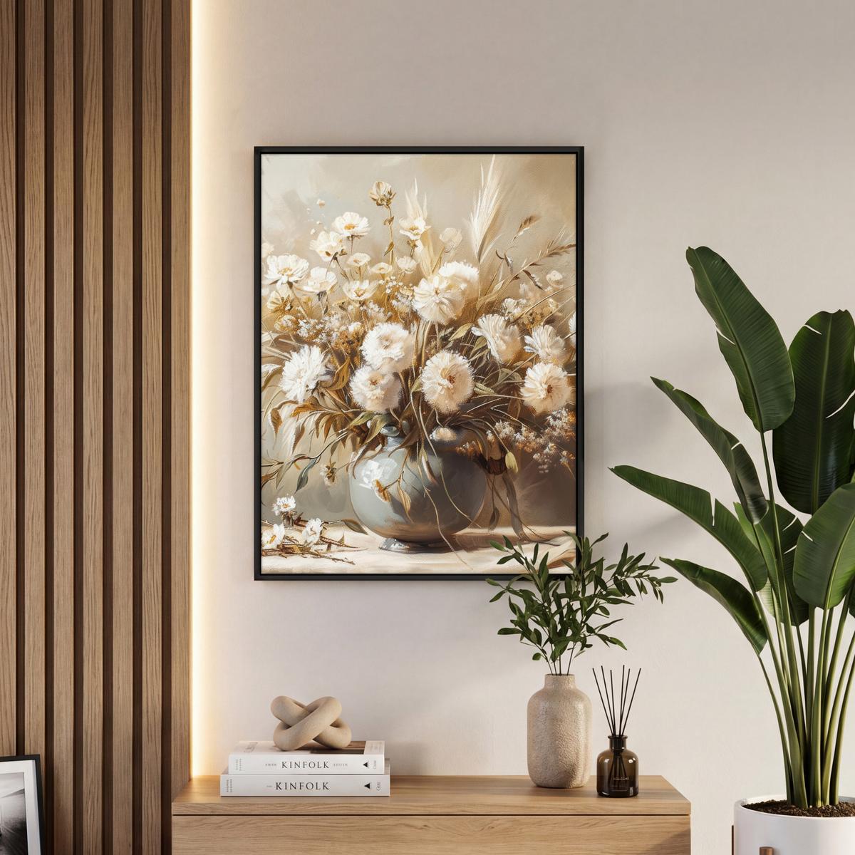 LEINWAND Bilder mit Rahmen - Blumen - Vase - Stilleben - Beige - 50x70 - Creme, Textil (50/70cm) - MuchoWow