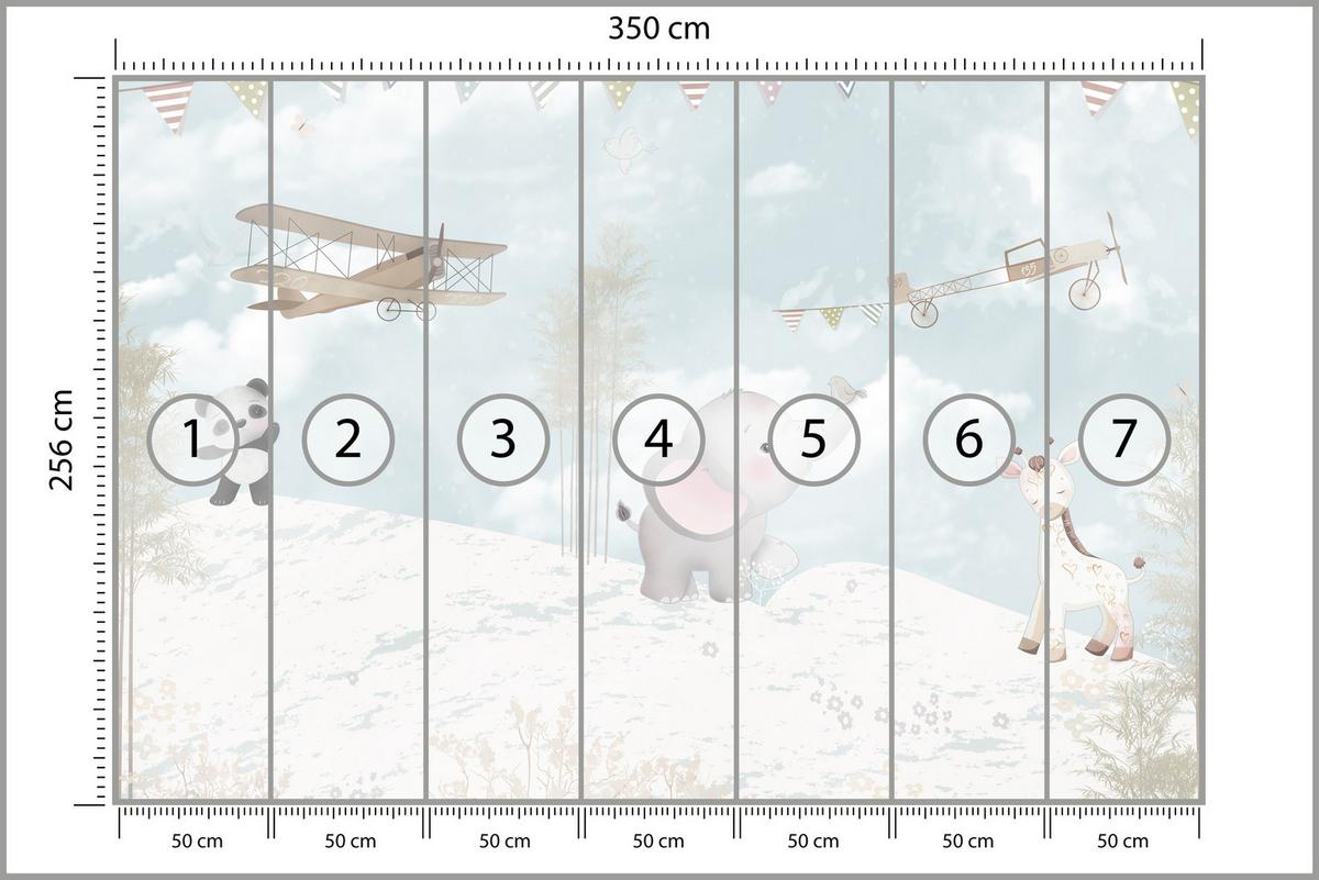 FOTOTAPETE für Kinderzimmer Boho Elefant Panda Giraffe Pflanze Flugzeug 350x256 - Multicolor, Papier (350/256cm) - Muralo