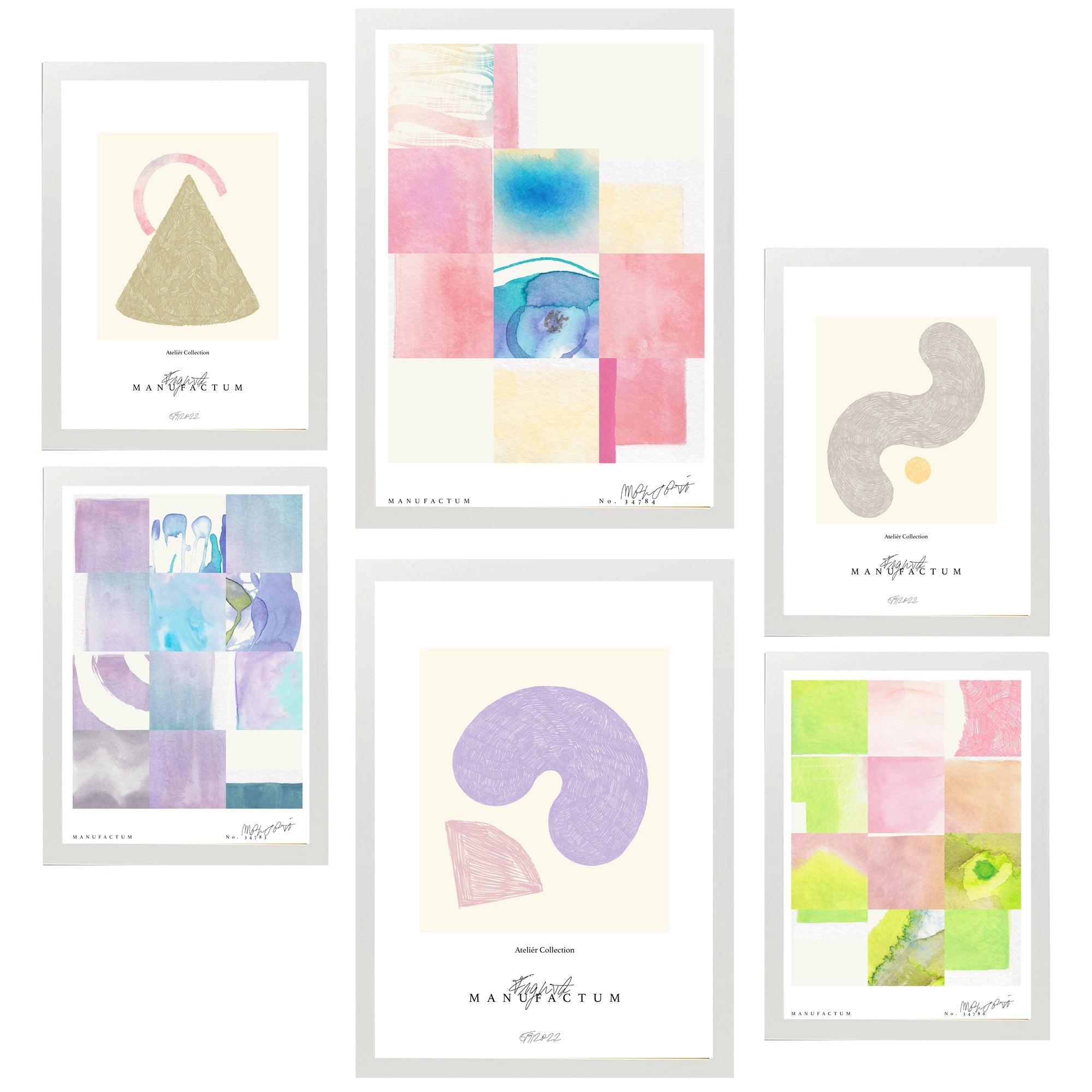 POSTER Set Mit 6 Pastellfarbene Abstrakte Kunst A3 & A4 Weißer Rahmen - Weiß, Papier (29/3cm) - Nacnic