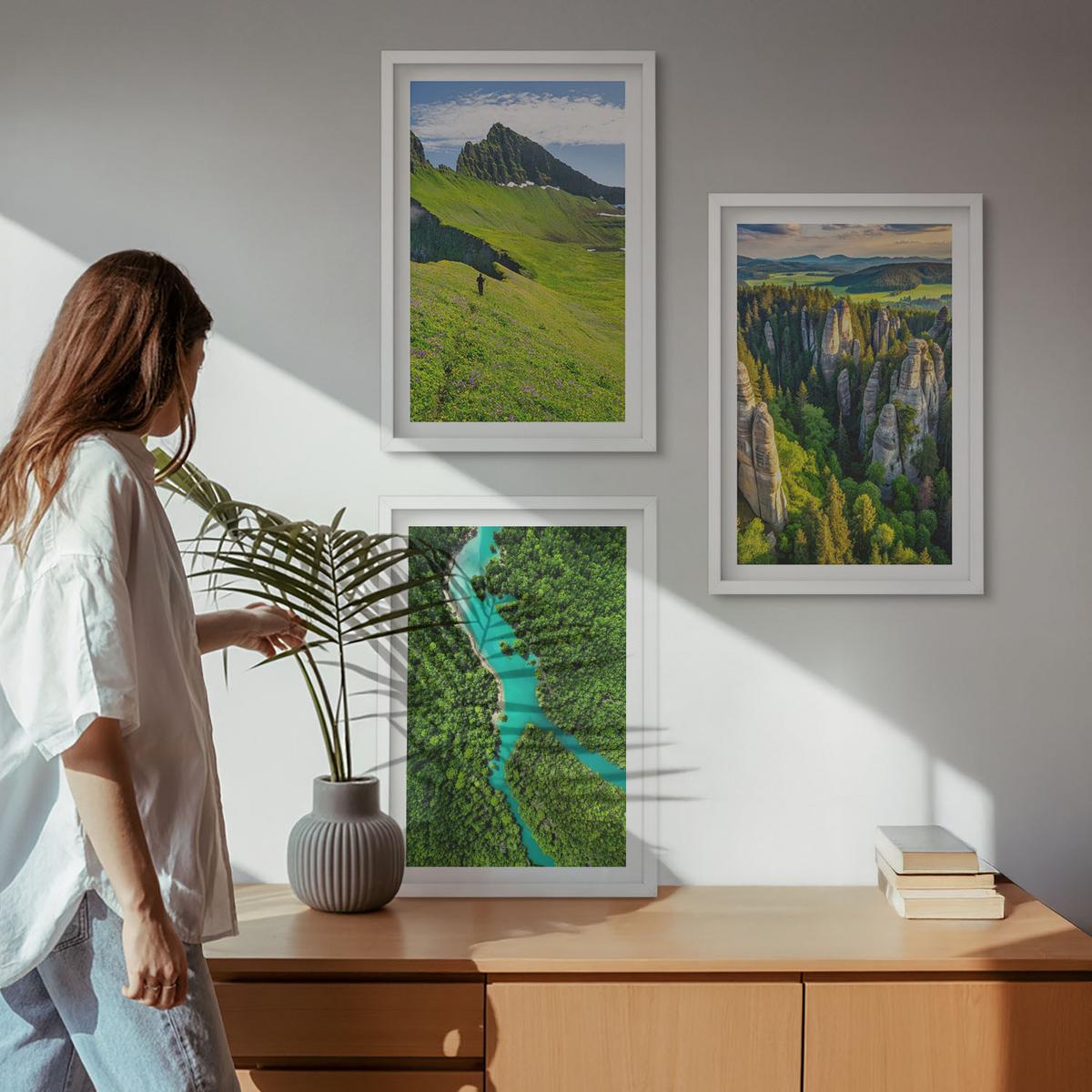 BILDER SET 3er Set - 40x60 cm Weißer Rahmen - Grüne Berge, Flussfelsen - Weiß, Kunststoff (40/60cm) - TULUP