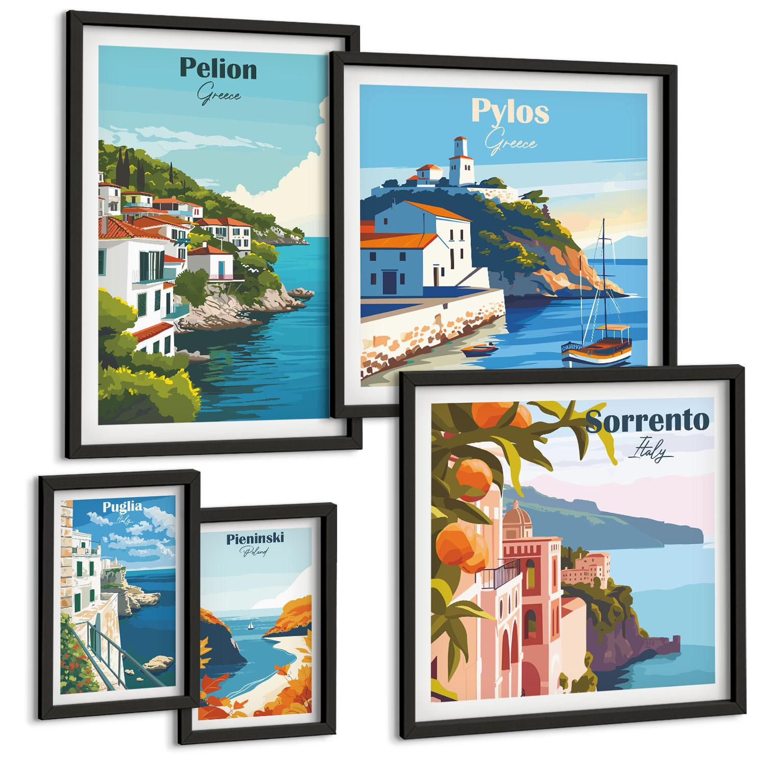 BILDER SET 5er Set - 50x50 cm & 20x30 cm & 40x60 cm Schwarzer Rahmen - Farbenfrohe Illustrationen von Retro-Städten - Schwarz, Kunststoff (40/60cm) - TULUP