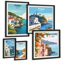 BILDER SET 5er Set - 50x50 cm & 20x30 cm & 40x60 cm Schwarzer Rahmen - Farbenfrohe Illustrationen von Retro-Städten - Schwarz, Kunststoff (40/60cm) - TULUP