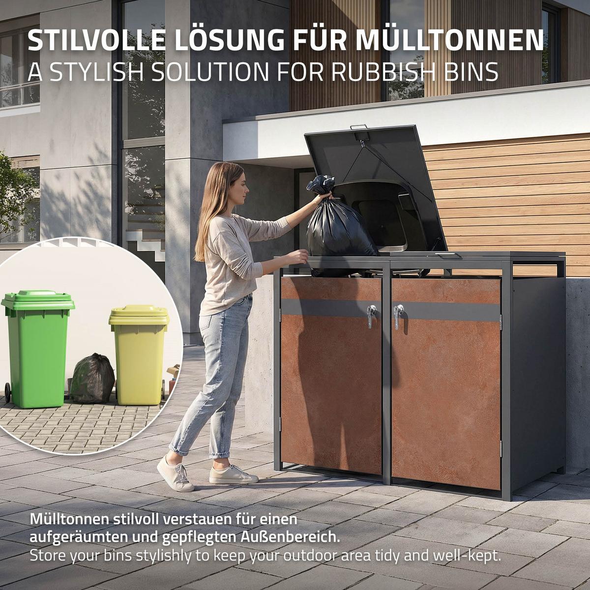 MÜLLTONNENBOX 4er Anthrazit-Rostoptik - Rotbraun, Metall (264/120/80cm) - ML-DESIGN