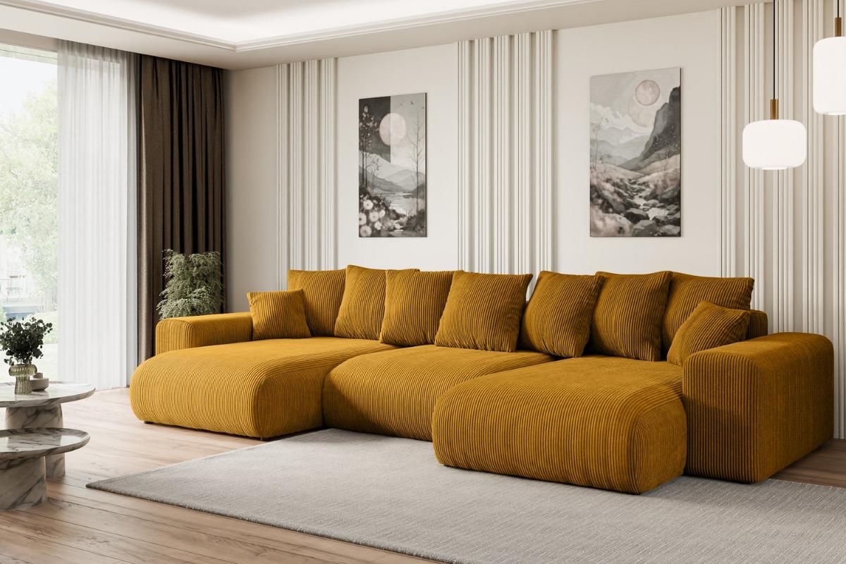 WOHNLANDSCHAFT mit Schlaffunktion ESKAR-U -364x176x72cm Gelb Cord - Gelb/Schwarz, Holzwerkstoff/Kunststoff (364/72/176cm) - ALTDECOR