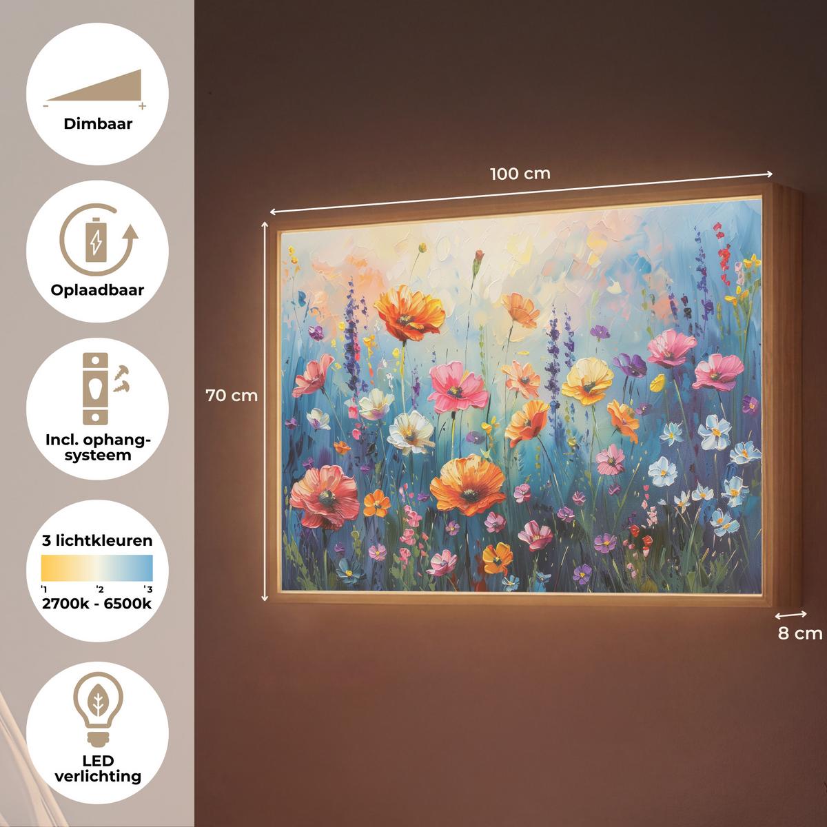 WANDLEUCHTE MIT AKKU Blumen - Natur - Aquarell - Kunst 100x70 cm - Multicolor, Holzwerkstoff (100/70/8cm) - OnlyWow