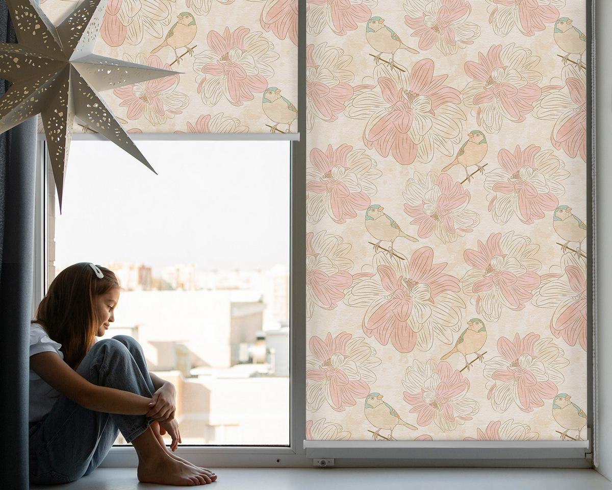 INNENROLLO - Fensterrollo - Rollo - 100x140 cm - Vögel zwischen den Blumen - Pink, Kunststoff (100/140/0.5cm) - TULUP