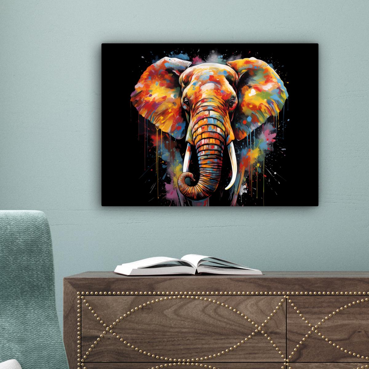 LEINWANDBILD Elefant - Graffiti - Schwarz - Tiere - Farben Wandbild 40x30 cm - Schwarz, Textil (40/30cm) - MuchoWow