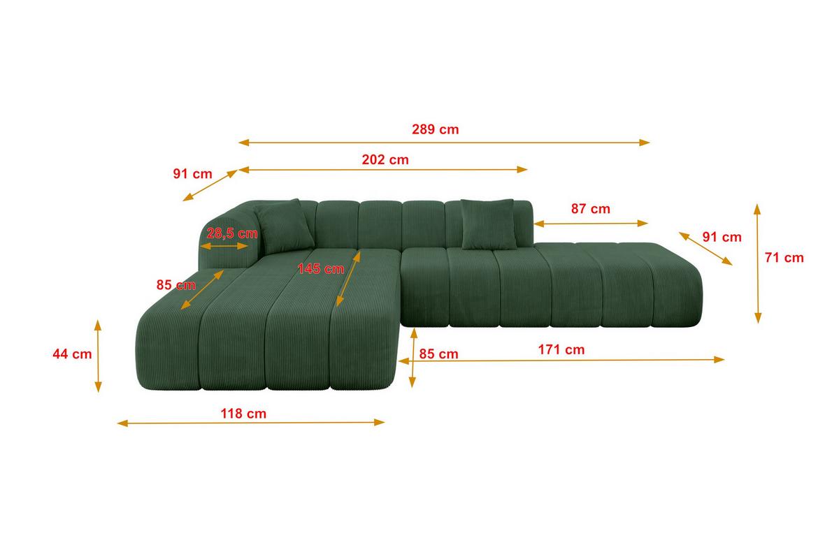 ECKSOFA Ottomane Links BILA-L 289x176x71 Grün Cord - Waldgrün/Schwarz, Holzwerkstoff/Kunststoff (176/289cm) - ALTDECOR