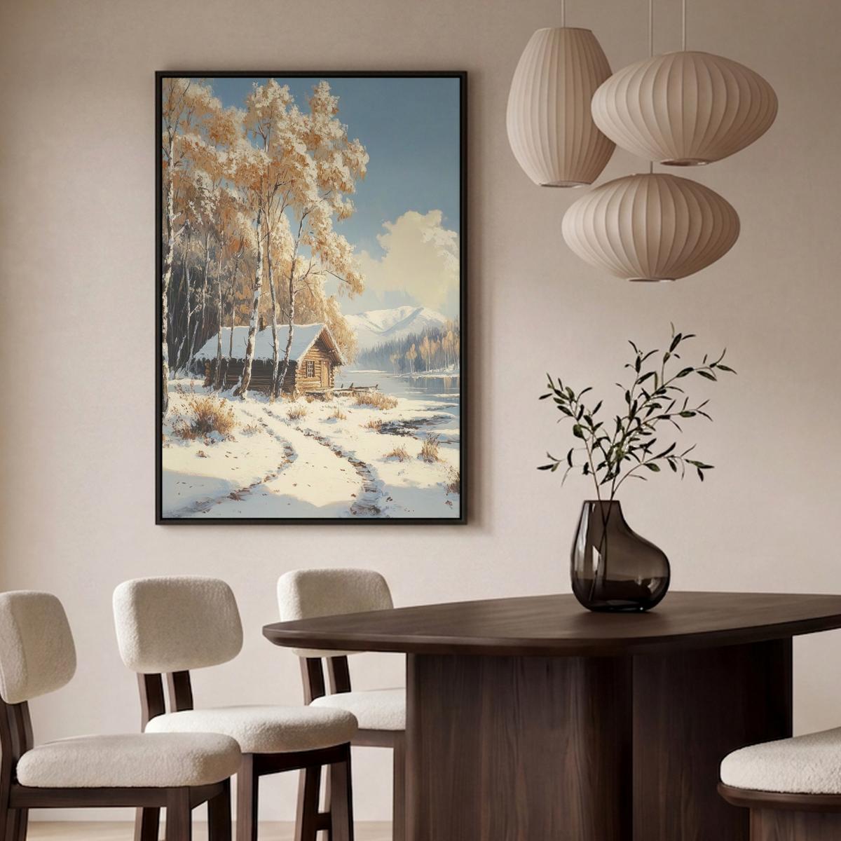 LEINWAND Bilder mit Rahmen - Winter - Schnee - Zuhause - Natur - 90x140 - Hellbraun, Textil (90/140cm) - MuchoWow