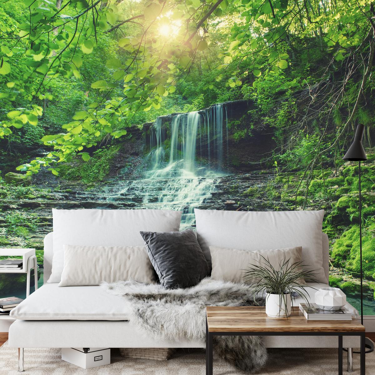 FOTOTAPETE für Schlafzimmer Türkisfarbener Wasserfall Wald Bäume Blätter Felsen 100x70 - Türkis/Blau, Papier (100/70cm) - Muralo