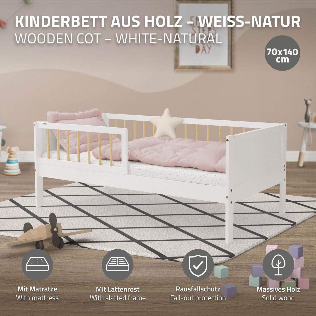 KINDERBETT mit Matratze 70x140 cm Weiß/Natur - Multicolor, Holz (70/140cm) - ML-DESIGN