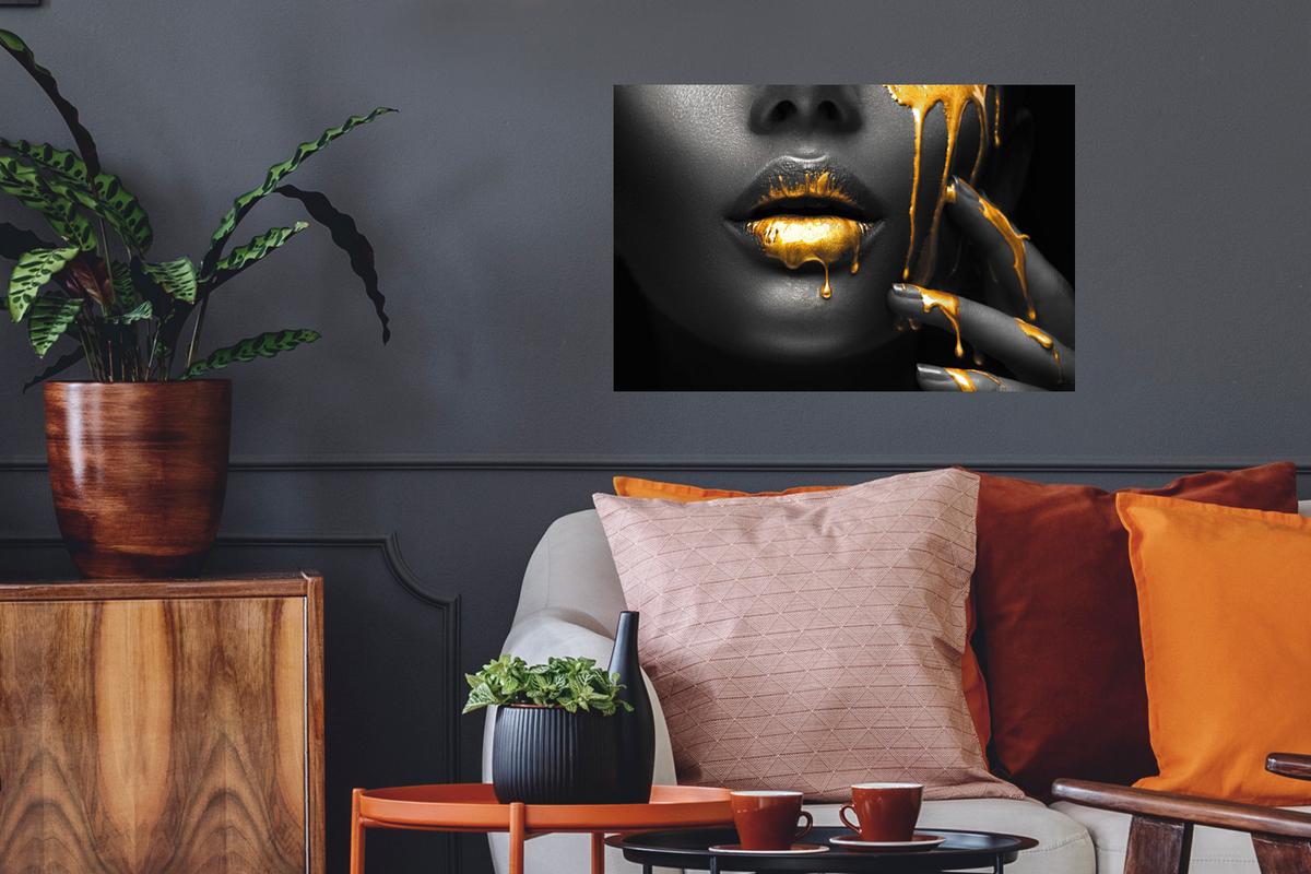 WANDTATTOO Frau - Schwarz - Gold - Gesicht - Lippen Deko Wohnzimmer 60x40 cm - Goldfarben, Kunststoff (60/40/0.1cm) - MuchoWow