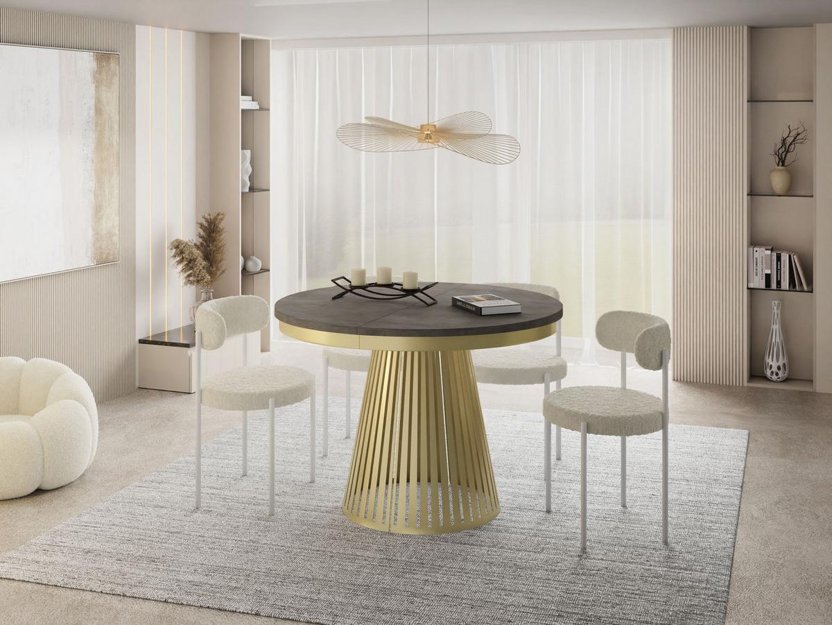 ESSTISCH Naro rund ausziehbar mit Goldem Lamellen-Metallgestell, Beton-Optik Dunkelgrau 120-200/120/76 cm - Dunkelgrau/Goldfarben, Holzwerkstoff/Metall (100/200/76cm) - WFL GROUP