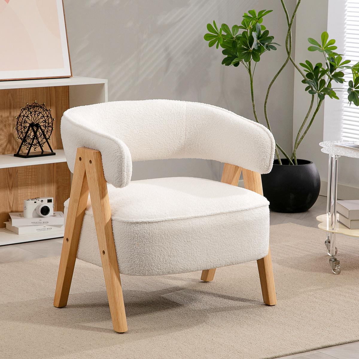 SESSEL gepolsterter Loungesessel mit Armlehnen, Fleece-Optik, Weiß - Weiß/Naturfarben, Holz/Textil (64/71/70cm) - HOMCOM