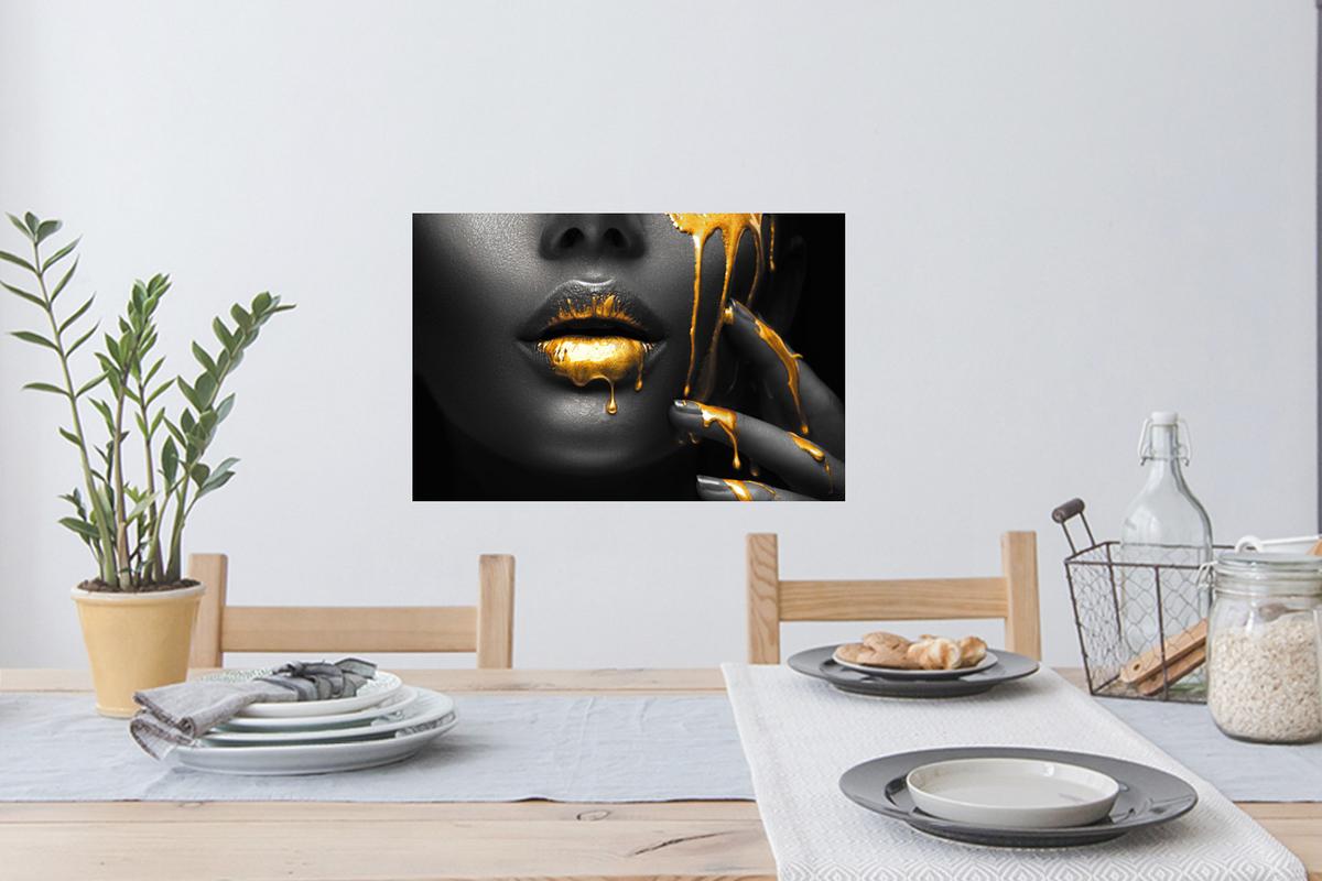 WANDTATTOO Frau - Schwarz - Gold - Gesicht - Lippen Deko Wohnzimmer 60x40 cm - Goldfarben, Kunststoff (60/40/0.1cm) - MuchoWow