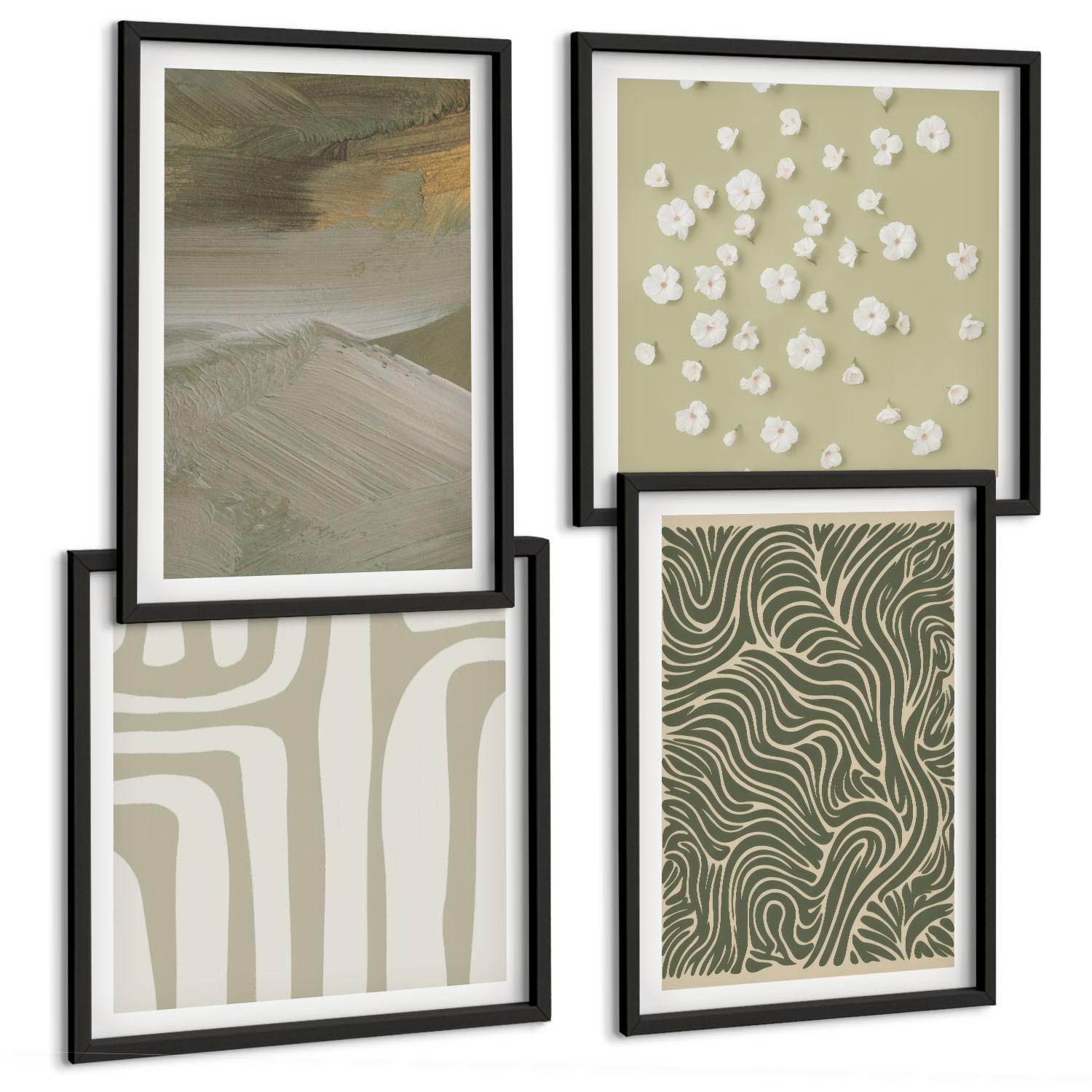 BILDER SET 4er Set - 50x50 cm & 40x60 cm Schwarzer Rahmen - Abstrakte Boho-Muster - Schwarz, Kunststoff (50/50cm) - TULUP