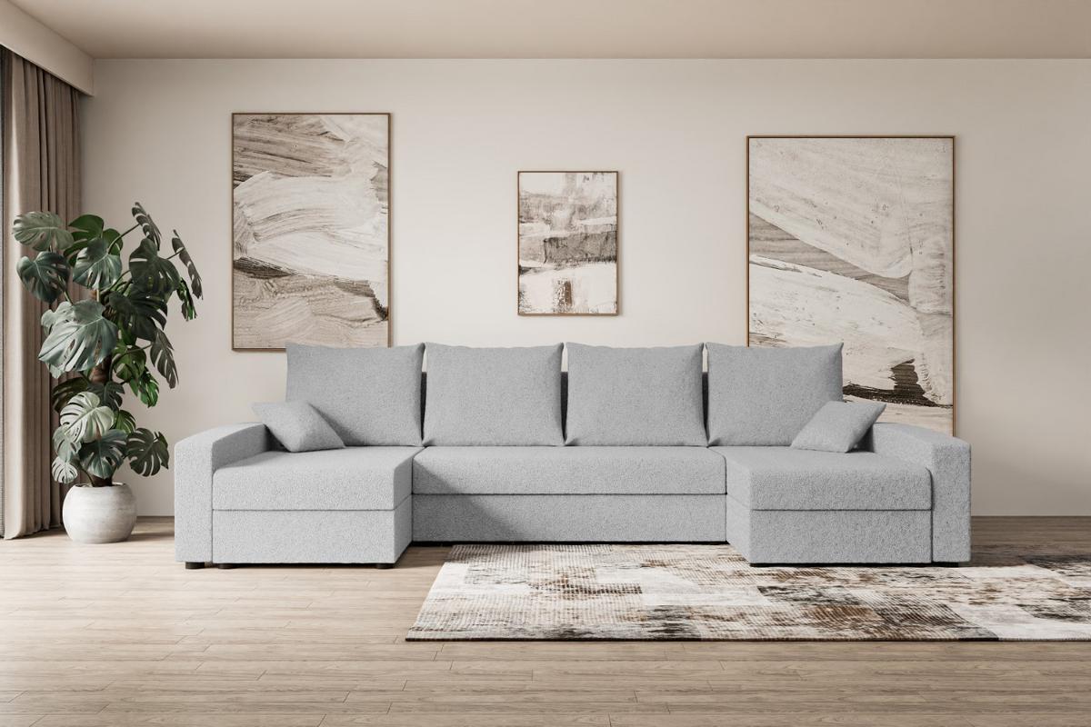 WOHNLANDSCHAFT mit Schlaffunktion und Bettkasten ALESIA-U 301x140x90 cm Grau Bouclé - Silberfarben/Hellgrau, Holzwerkstoff/Kunststoff (301/90/140cm) - ALTDECOR