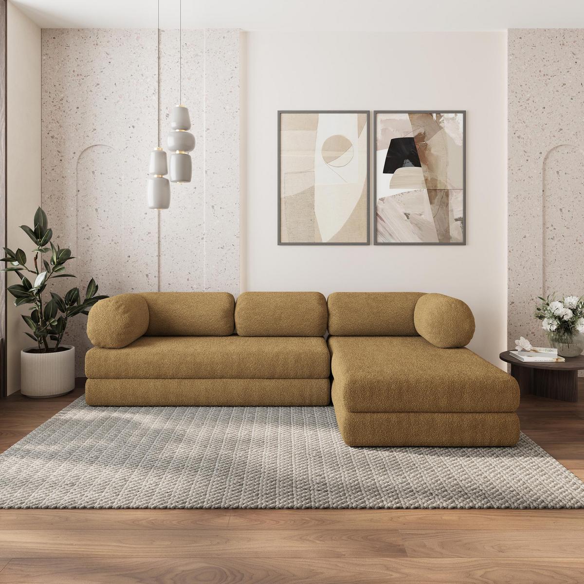 ECKSOFA KELI modulares Boneless Sofa mit Schlaffunktion Orange Boucle-Stoff - Gelb, Textil (270/160cm) - MASSENO