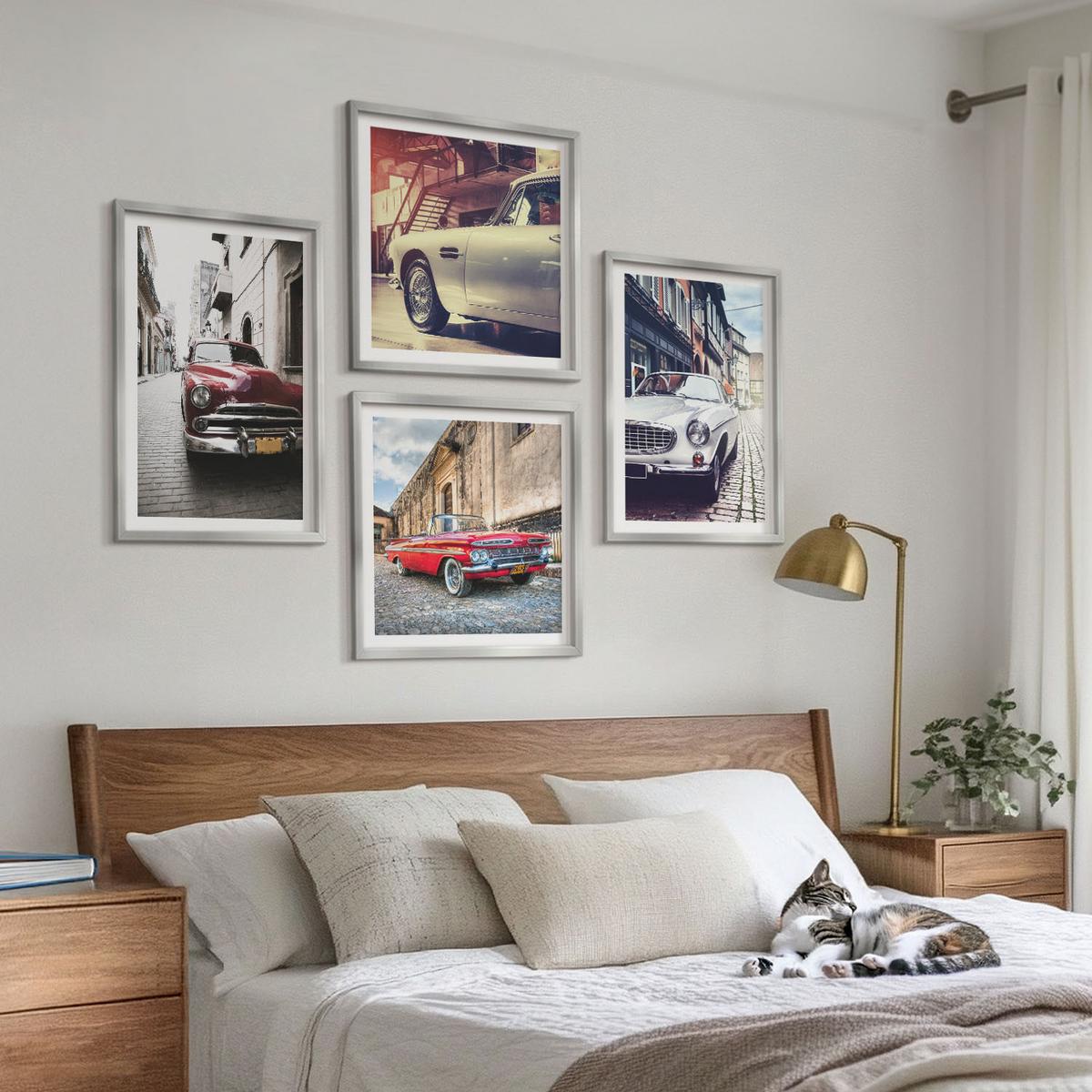 BILDER SET 4er Set - 50x50 cm & 40x60 cm Silberner Rahmen - Oldtimer in Städten - Silberfarben, Kunststoff (50/50cm) - TULUP
